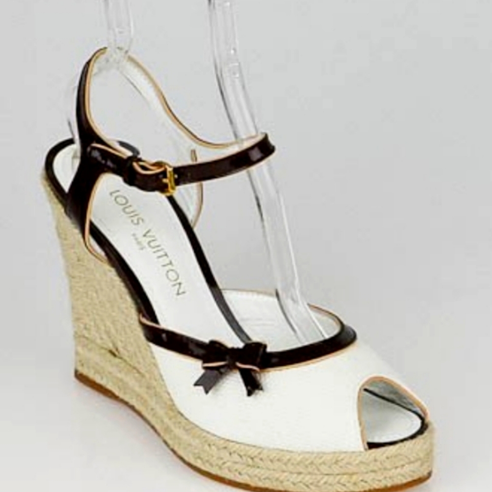 Authentic Louis Vuitton Espadrille with white canvas & brown patent leather trim